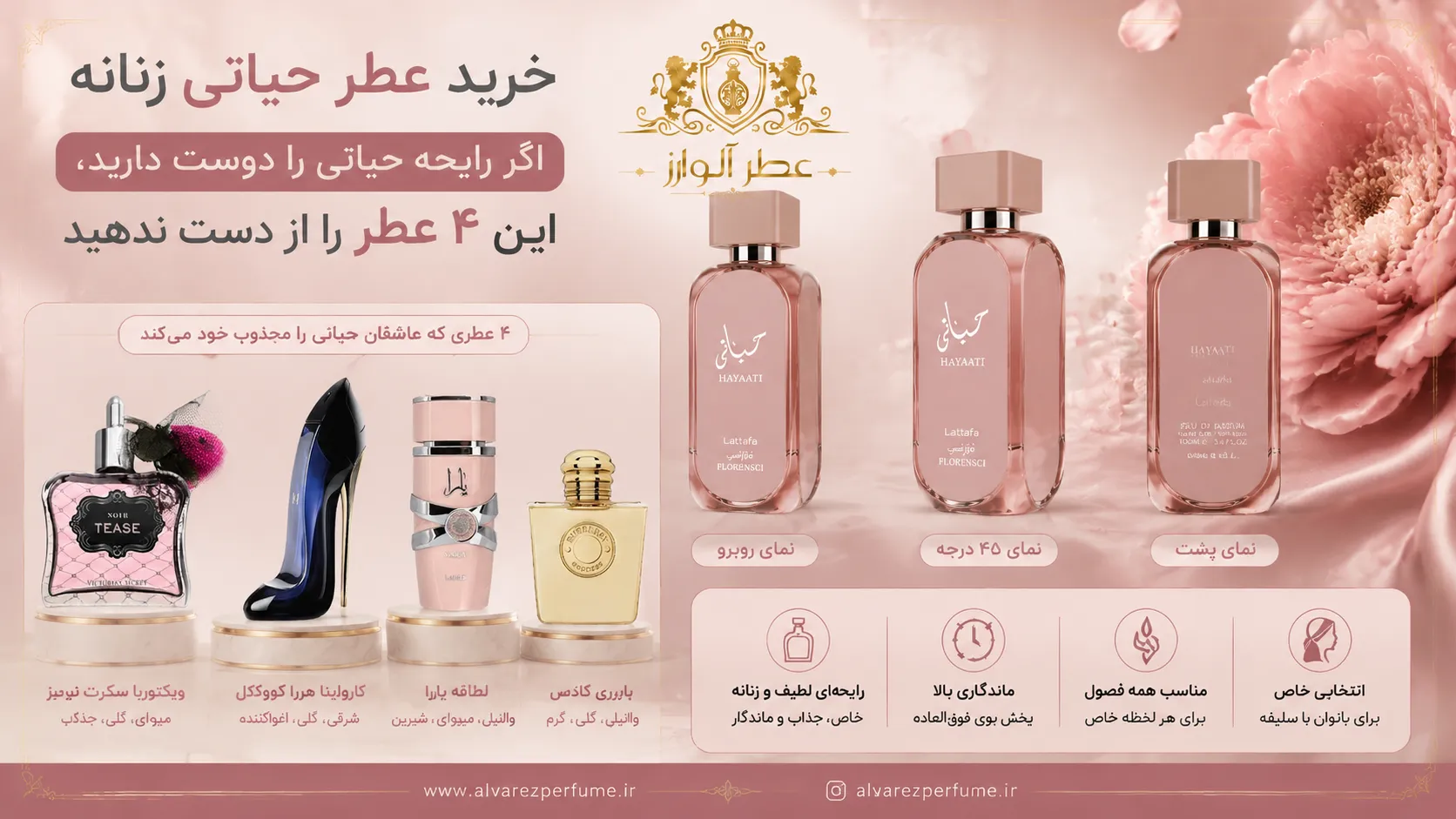 خرید عطر حیاتی زنانه و معرفی بهترین جایگزین‌ها شامل گود گرل، باربری گادس، یارا لطافه و نویر تیز ویکتوریا سکرت از عطر آلوارز