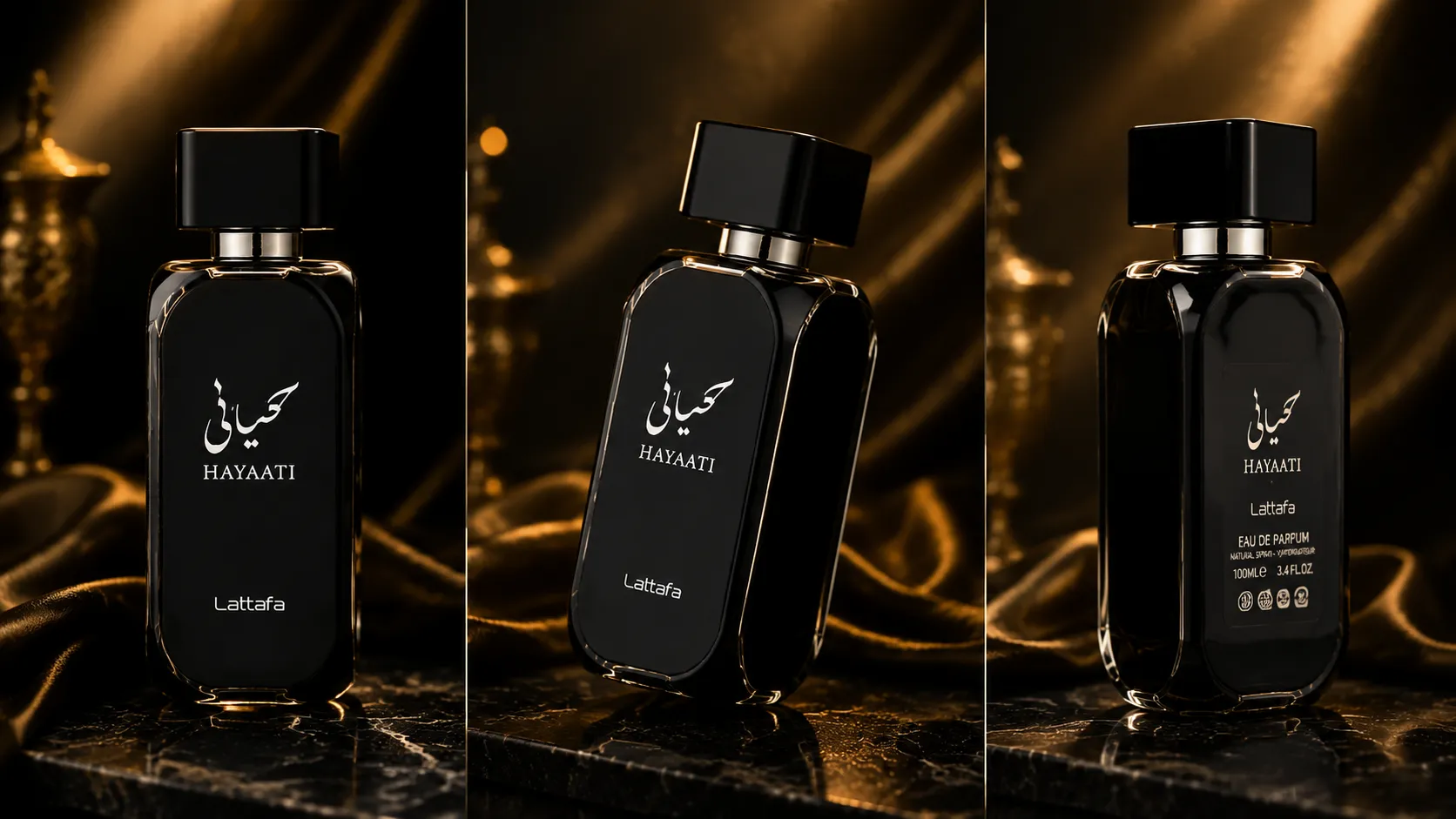 تصویر عطر حیاتی لطافه اورجینال (Hayaati Lattafa) از سه زاویه مختلف؛ معرفی طراحی بطری و جزئیات ظاهری برای راهنمای خرید عطر حیاتی اورجینال با ضمانت اصالت کالا.