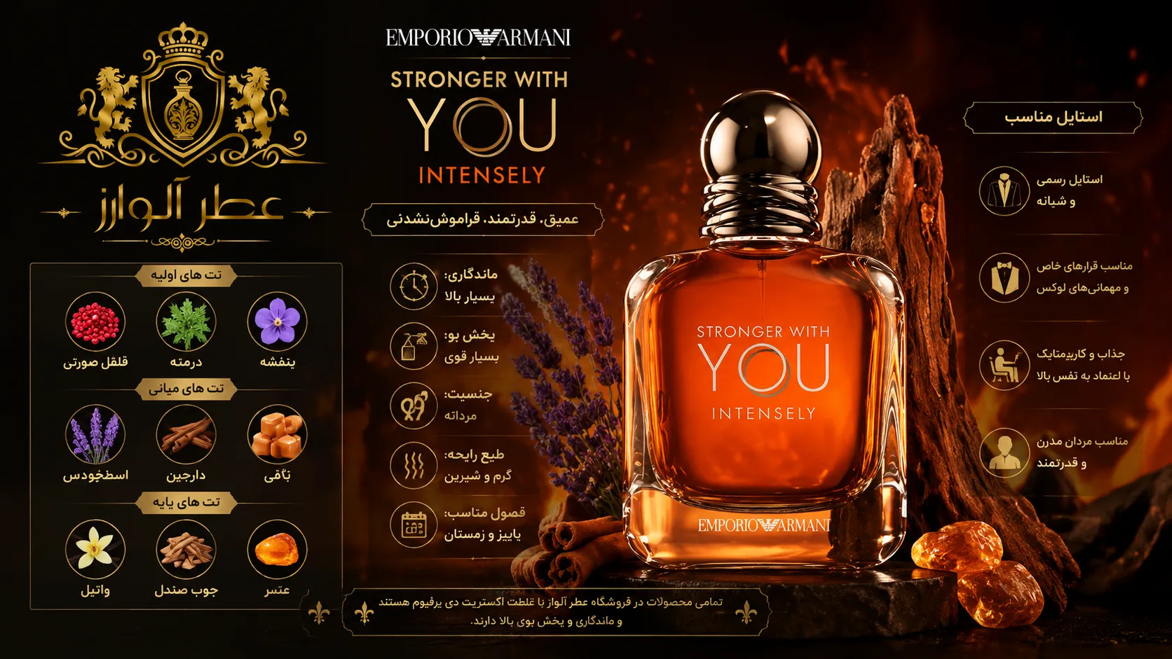 خرید بهترین عطر های مردانه با عطر امپوریو آرمانی استرانگر ویت یو اینتنسلی؛ رایحه‌ای گرم، شیرین و کهربایی با ترکیب فلفل صورتی، ارس، دارچین، وانیل، دانه تونکا، عنبر و جیر، مناسب آقایان شیک‌پوش برای استفاده در مهمانی‌ها، قرارهای خاص و فصول پاییز و زمستان.