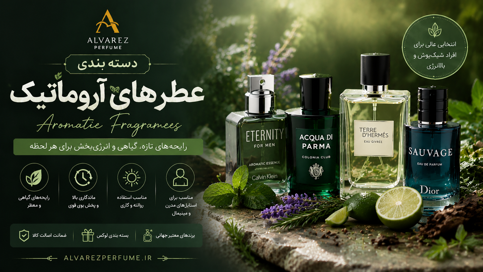 کلکسیونی از عطرهای آروماتیک زنانه، مردانه و یونیسکس با رایحه‌ای تازه، گیاهی و ماندگار؛ خرید بهترین عطرهای آروماتیک با نت‌های اسطوخودوس، رزماری، مریم‌گلی، نعناع، ریحان، ترنج و گیاهان معطر، مناسب استفاده روزانه، محل کار، فعالیت‌های روزانه و فصول بهار و تابستان، با ماندگاری و پخش بوی بالا از فروشگاه عطر آلوارز.