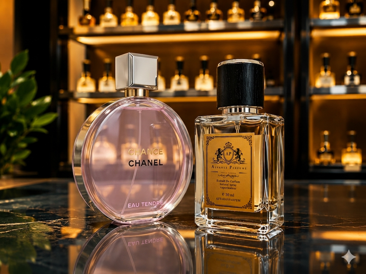 بطری عطر ادکلن شنل چنس او تندر مشابهسازی شده در برند عطر آلوارز با غلظت اکسترت دی پارفوم، با رایحه گلی-میوهای، به و یاس و ماندگاری بینظیر.