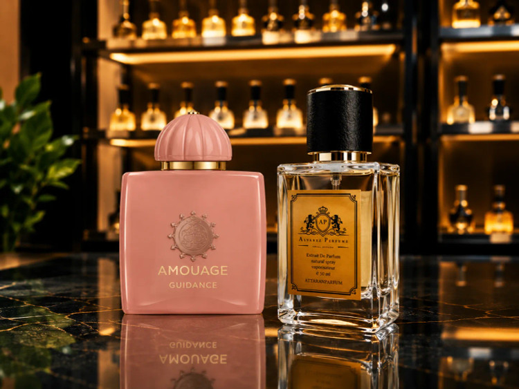عطر آمواج گایدنس Amouage Guidance با رایحه گلابی، گلهای سفید و چوب صندل مناسب بانوان و استفاده در موقعیتهای رسمی و فصول خنک سال.